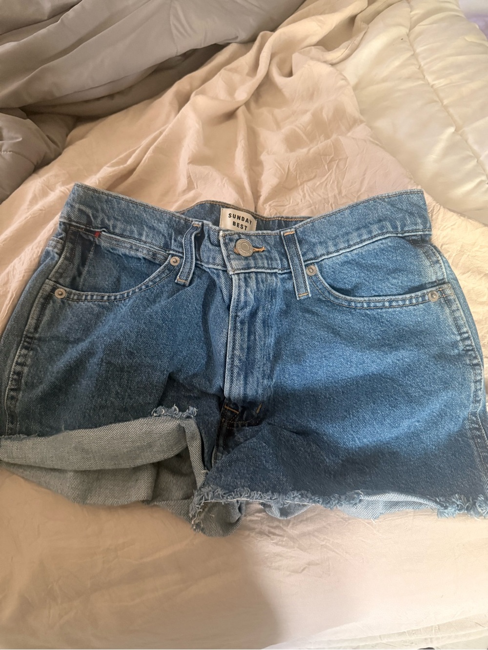 Sunday Best Light Blue Denim Cutoff Shorts with Frayed Hem